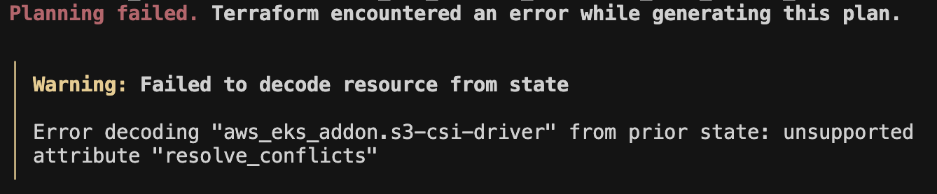 Terraform error showing unrecognized argument resolve_conflicts